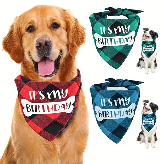 Dog Birthday Bandana Plaid Triangle Scarf IT'S MY BIRTHDAY Pet Birthday Outfit for Small Medium Large Dogs Puppy Birthday Party